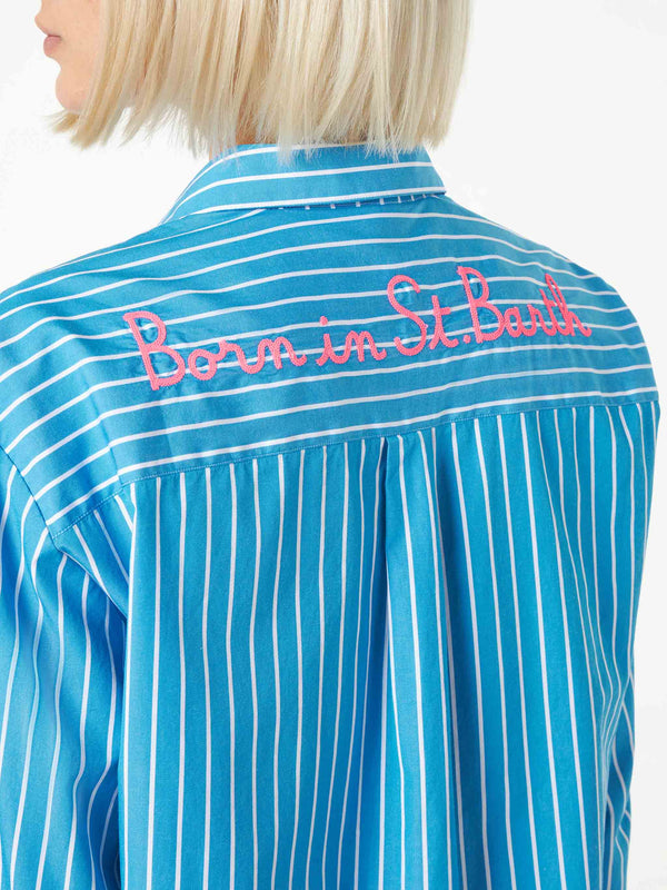Gestreiftes Baumwollhemd mit „Born in St. Barth“-Stickerei