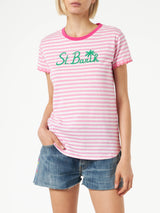 Fuchsia gestreiftes Baumwoll-T-Shirt mit St. Barth-Stickerei