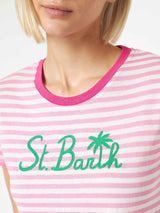 Fuchsia gestreiftes Baumwoll-T-Shirt mit St. Barth-Stickerei