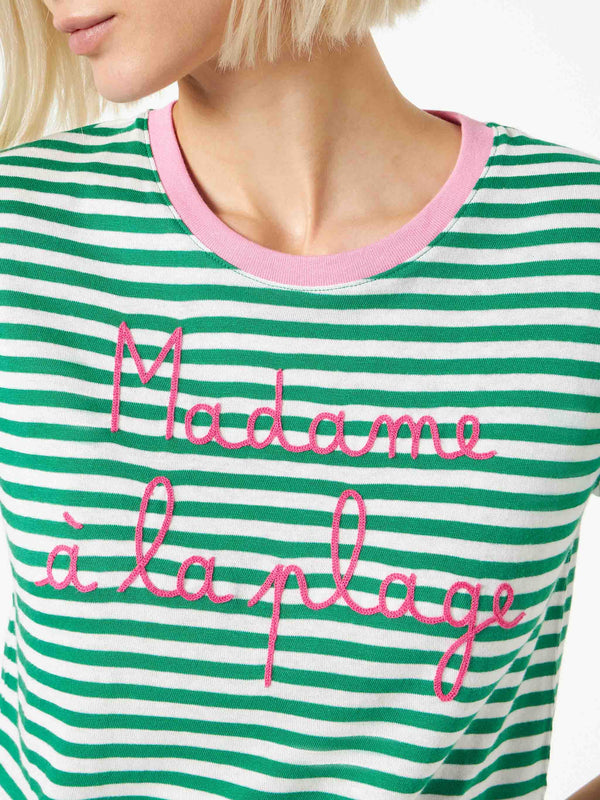 Grünes Baumwoll-T-Shirt mit Madame à la plage-Stickerei