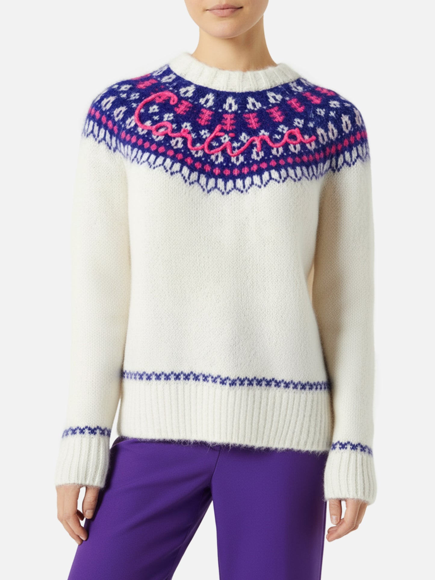 Maglione da donna con jacquard nordico e ricamo Cortina