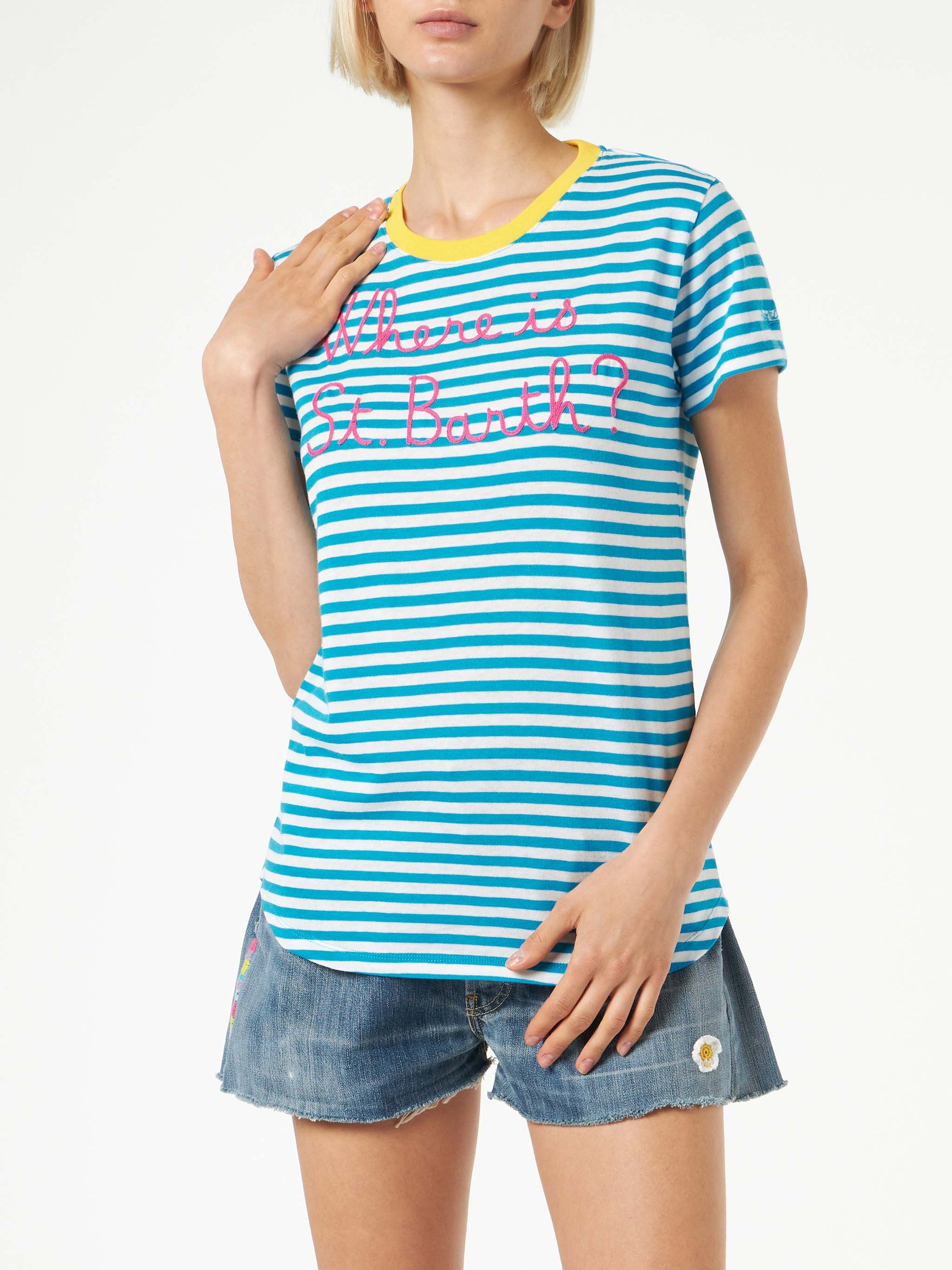 Bluette cotton t-shirt with Where is St. Barth? embroidery - MC2 Saint Barth