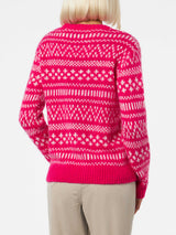 Woman crewneck soft sweater with fair isle print and Queen of Chalet embroidery