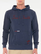 Blue cotton hoody with embroidery