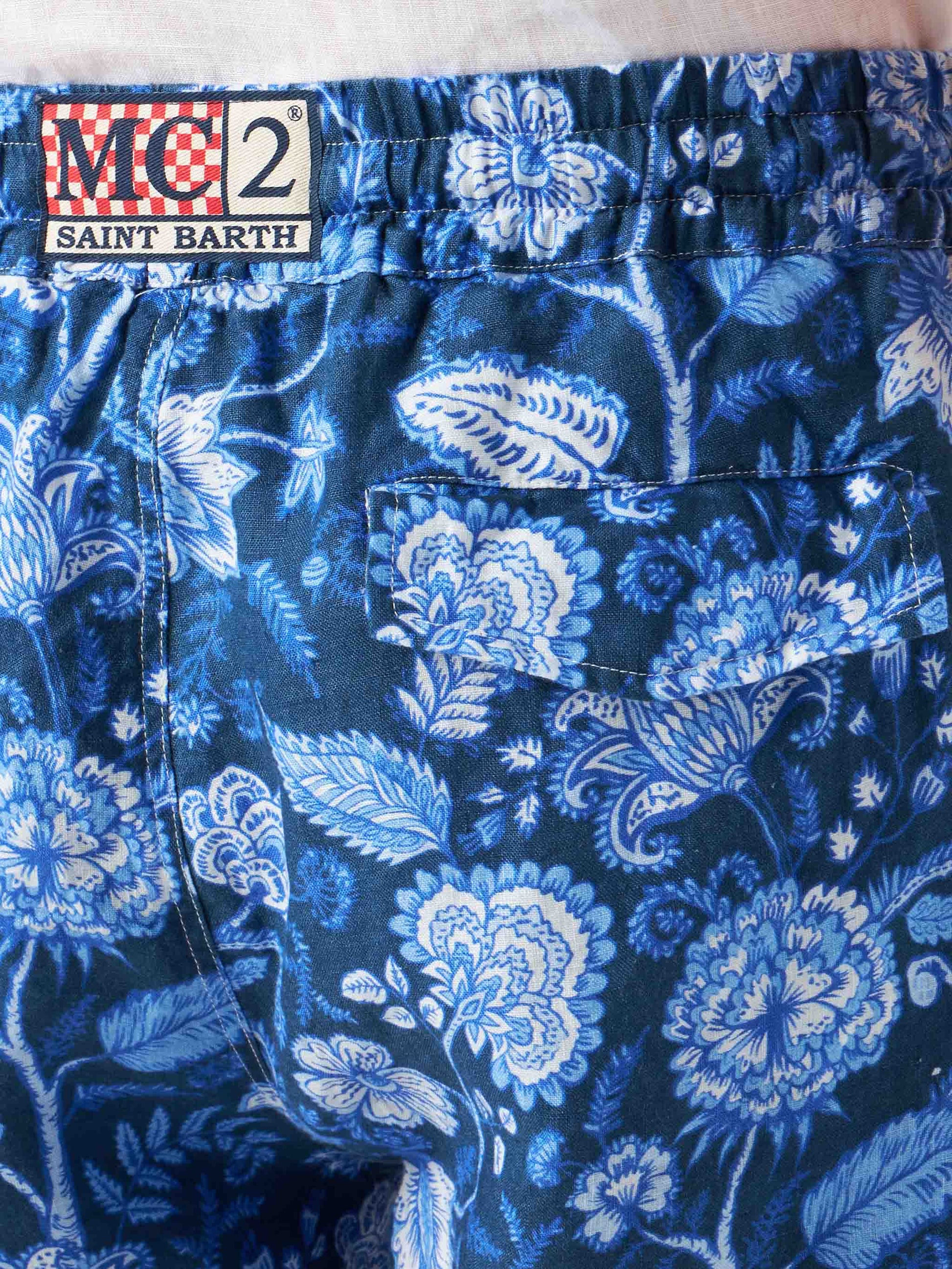 Man linen blue bermuda shorts with flower print - MC2 Saint Barth