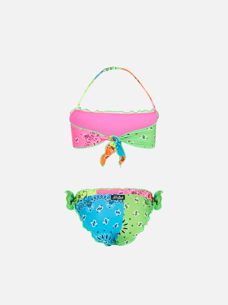 Girl bandeau bikini with bandanna fluo print