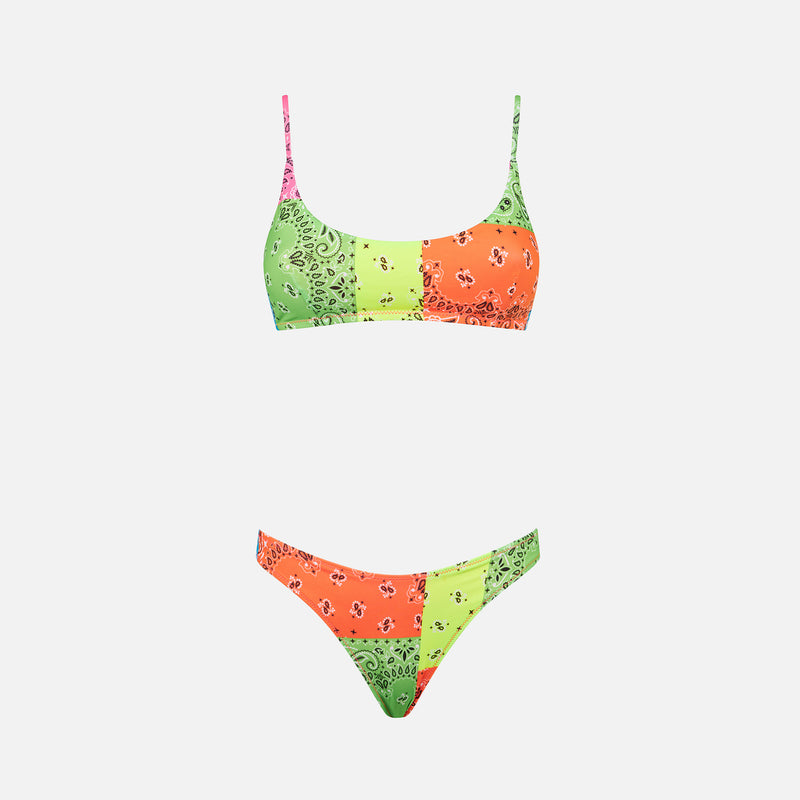 Bikini da donna a bralette con stampa bandana fluo