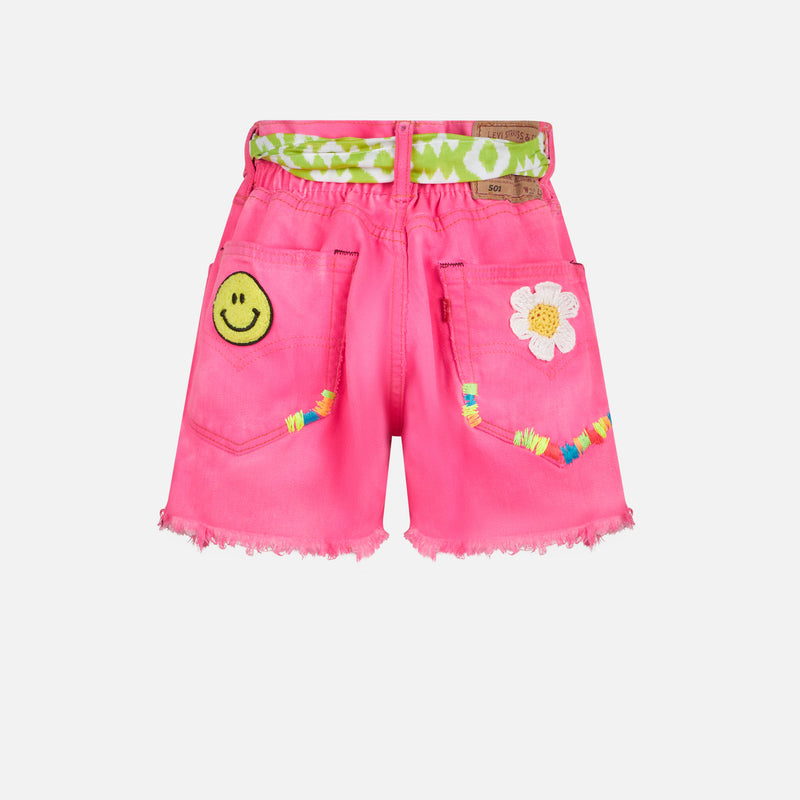 Pantaloncini da bambina in denim riciclato rosa fluo con ricami