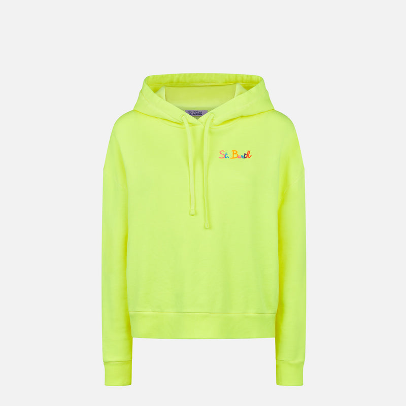 Fluogelber Kapuzenpullover mit St. Barth-Stickerei