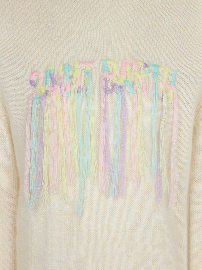 Girl brushed sweater with fringed embroidery