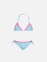 Girl triangle bikini with light blue gingham print