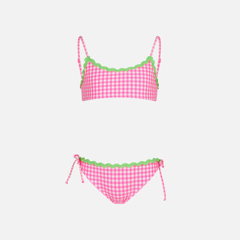 Girl bralette bikini with white and fuchsia Vichy pattern - MC2 Saint Barth