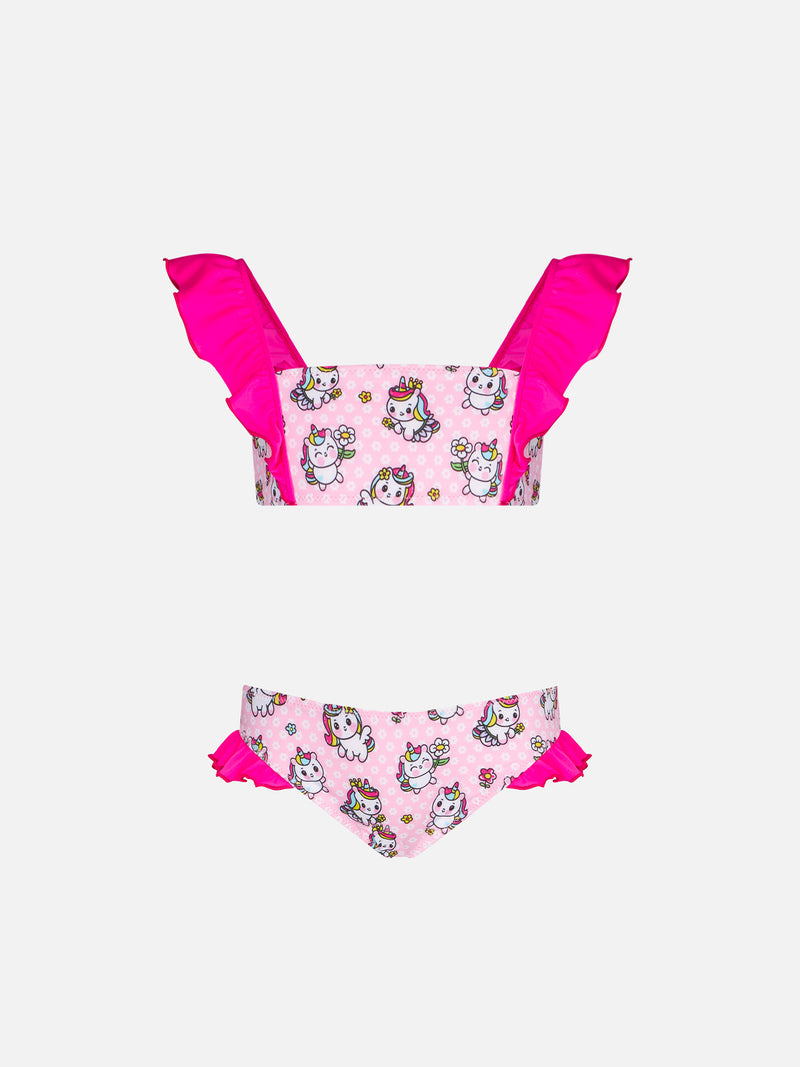 Girl ruffled bandeau bikini with unicorns print