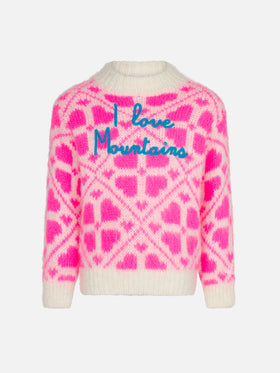Gebürsteter Mädchenpullover mit Rundhalsausschnitt und Herzprint