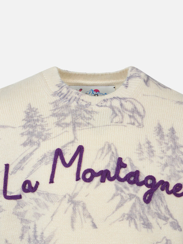 Toile de Jouy-Pullover für Mädchen mit Rundhalsausschnitt und La Montagne-Stickerei