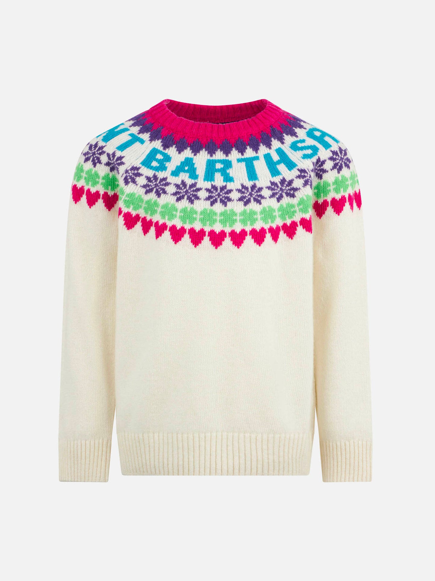 Girl crewneck white sweater with fair isle jacquard