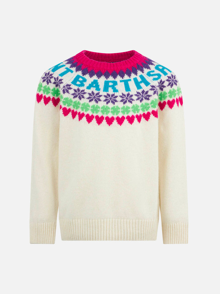 Girl crewneck white sweater with fair isle jacquard
