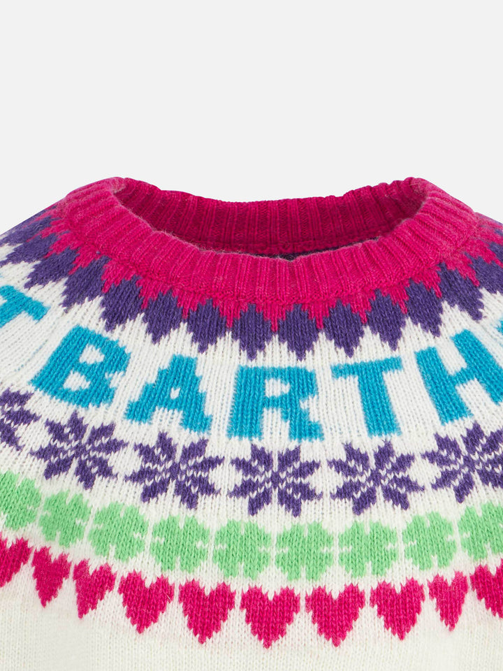 Girl crewneck white sweater with fair isle jacquard
