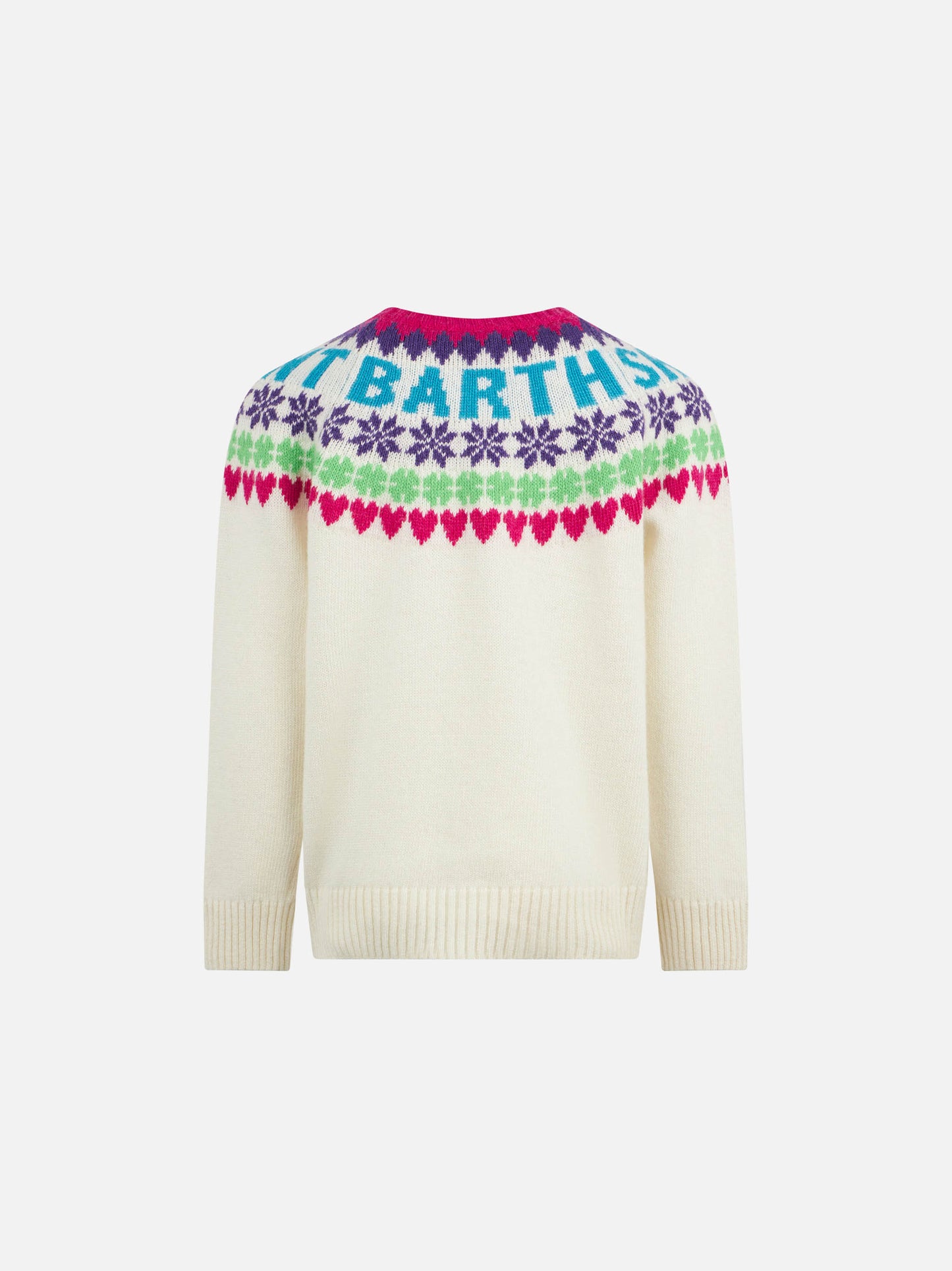 Girl crewneck white sweater with fair isle jacquard