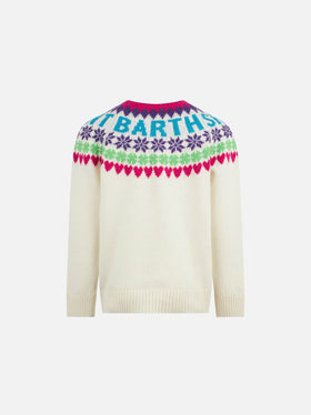 Girl crewneck white sweater with fair isle jacquard