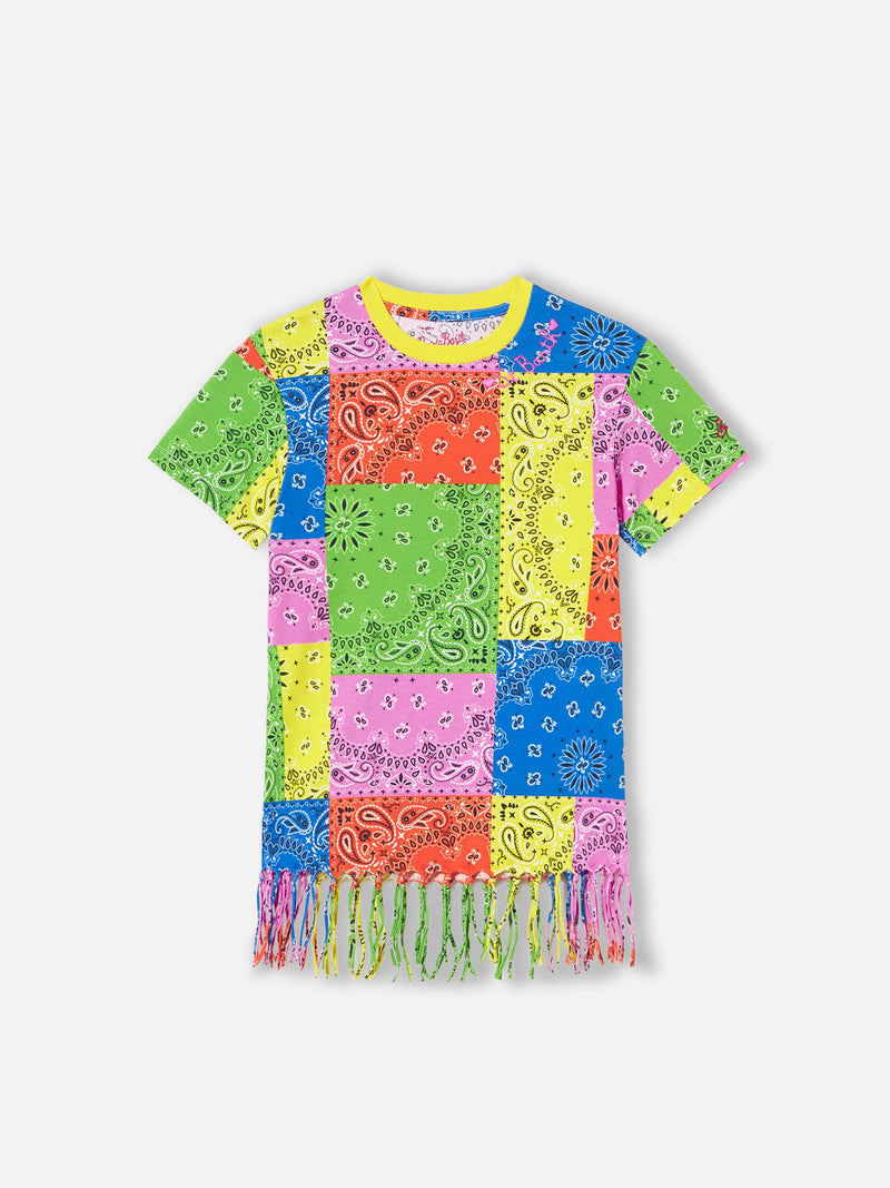 Girl cotton dress with fluo bandanna print