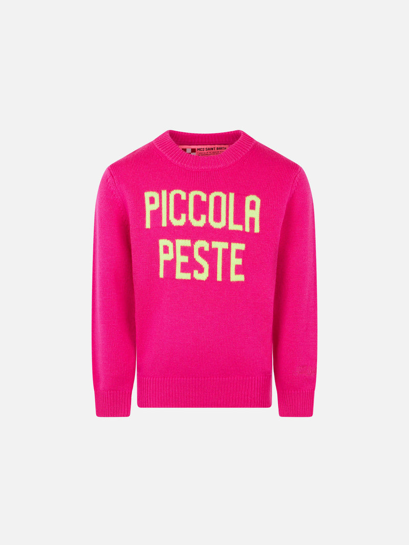 Fluo-Rosa-Pullover für Mädchen, gelbe Fluo-Piccola-Peste-Stickerei