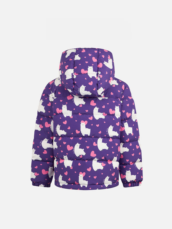 Girl hooded down padded jacket with alpaca and hearts print