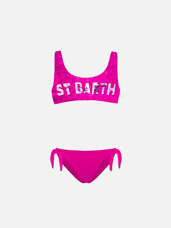 Bralette-Bikini für Mädchen in Fuchsia mit Pailletten und silbernem Logo