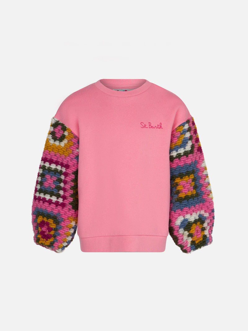 Girl pink sweater with crochet sleeves