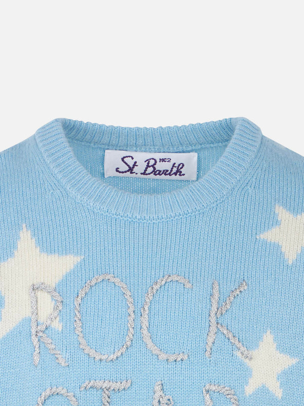 Girl sweater with stars print and Rock Star embroidery