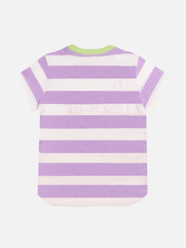 Pink and white striped girl's t-shirt with embroided written