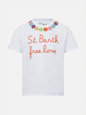 Mädchen-T-Shirt mit Gänseblümchen-Stickerei und Aufnäher