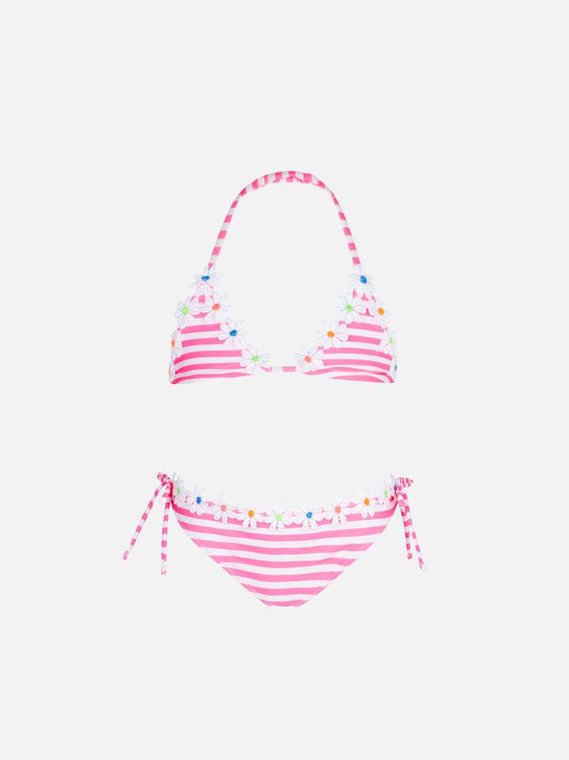 Bikini da bambina a triangolo con righe rosa fluo