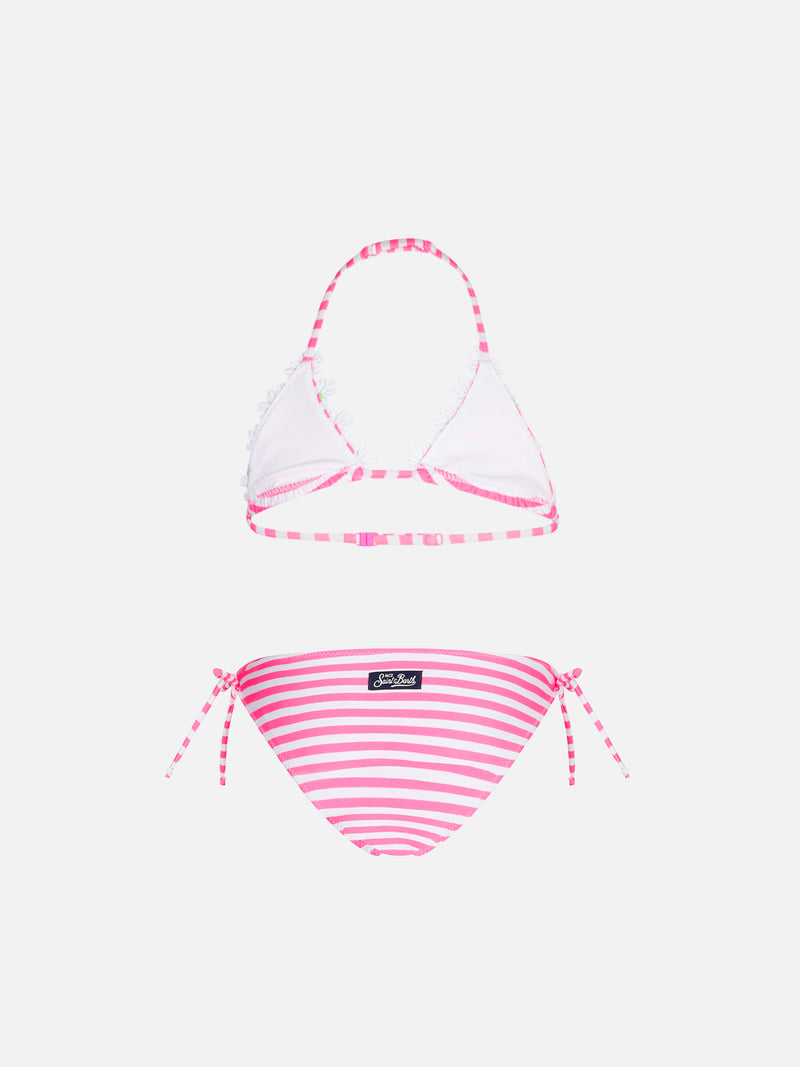 Girl triangle bikini with fluo pink striped