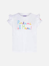 T-shirt da bambina con balza e ricamo Portami al Mare