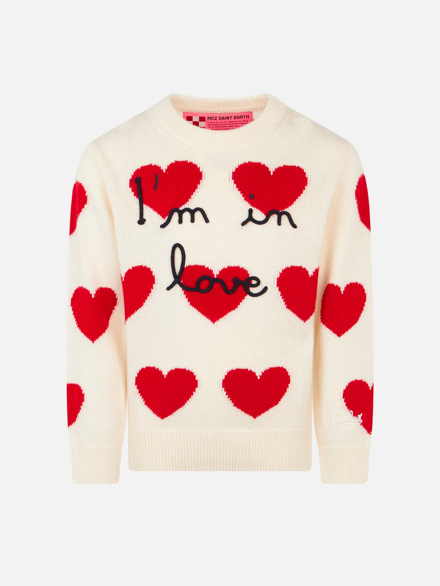 Maglione bianco da bambina con stampa jacquard cuori