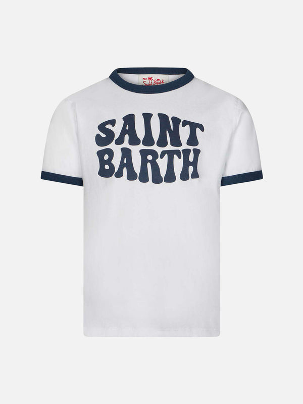 Kinder-T-Shirt aus weißer Baumwolle mit blauem, groovigem Saint-Barth-Print