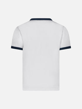 Kinder-T-Shirt aus weißer Baumwolle mit blauem, groovigem Saint-Barth-Print