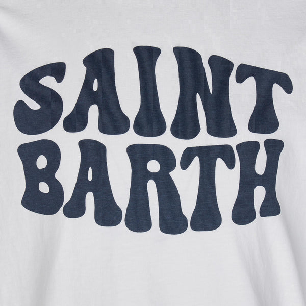 Kinder-T-Shirt aus weißer Baumwolle mit blauem, groovigem Saint-Barth-Print