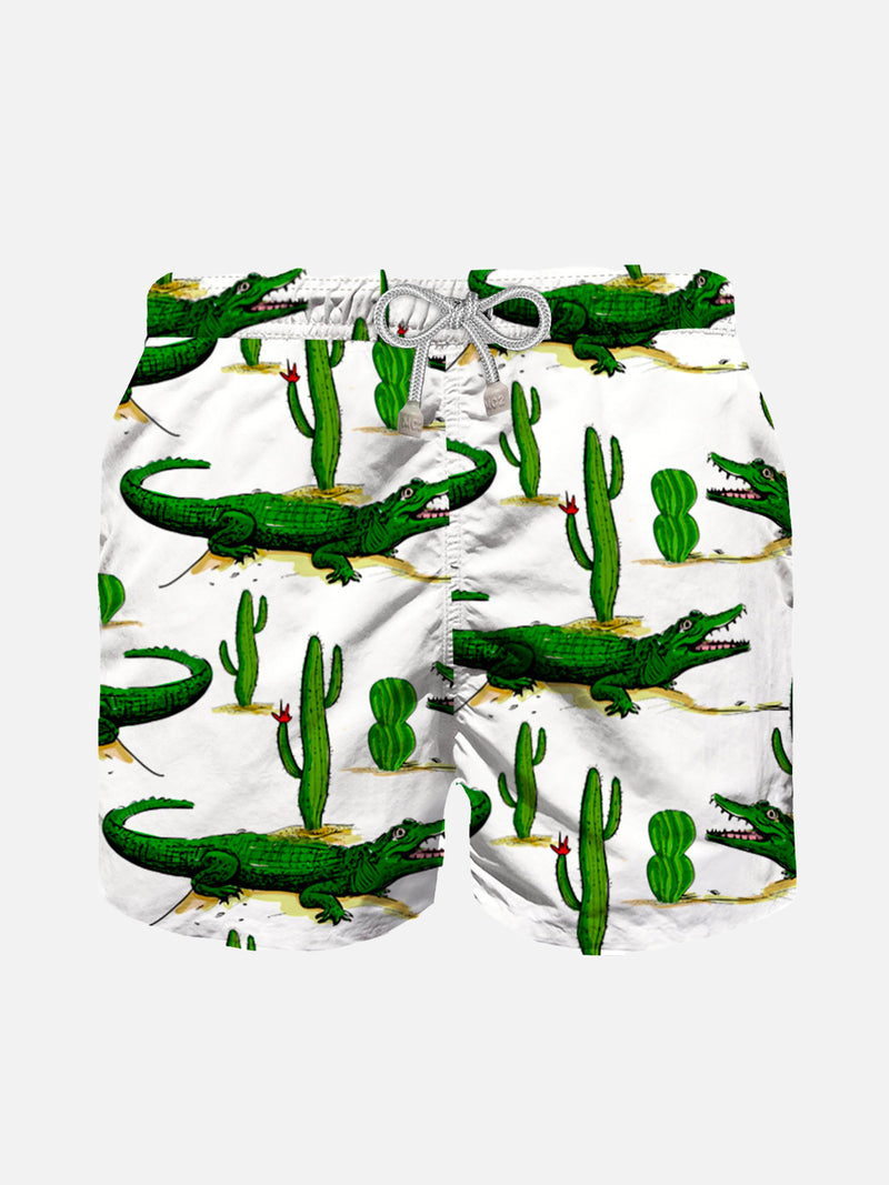 Boy swim shorts with crocodile and cactus print