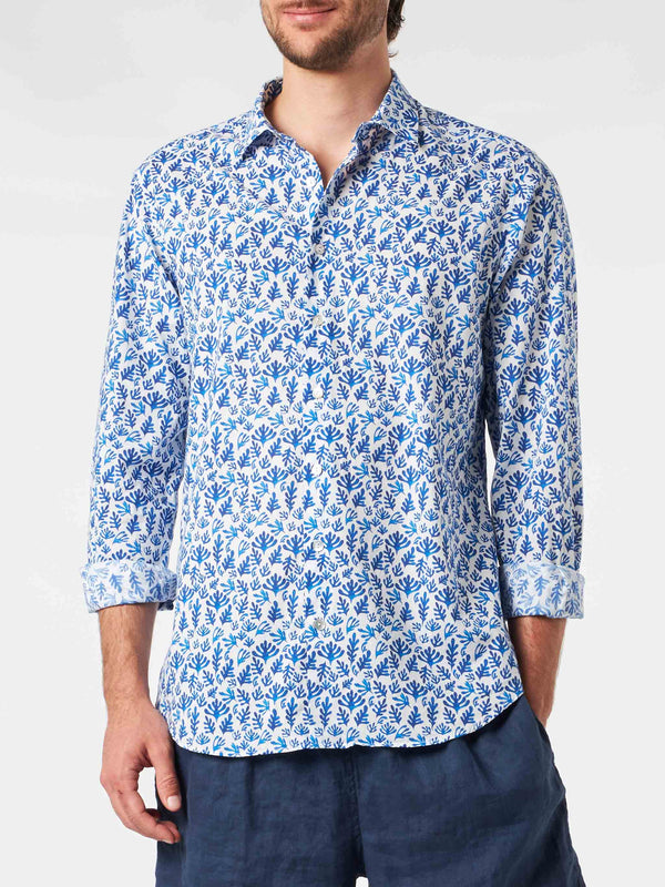 Camicia da uomo Sikelia in mussola di cotone con stampa foglie blu