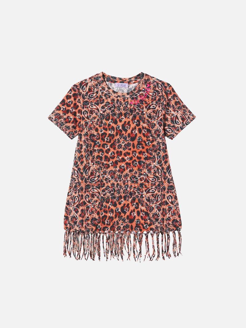 Abito da bambina in cotone leopardato con frange