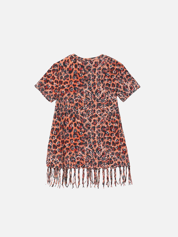 Mädchenkleid aus Baumwolle mit Leopardenmuster und Fransen