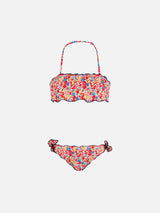 Bikini da bambina a fascia con stampa fiori multicolore