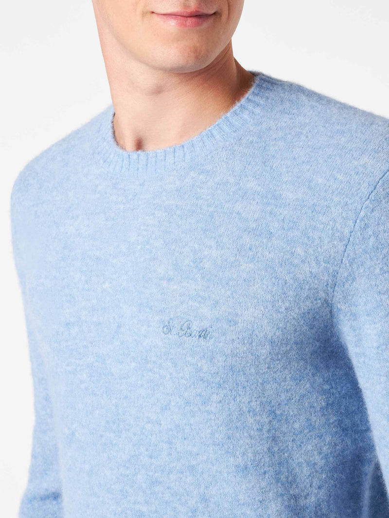 Man light blue stretch wool sweater with St. Barth embroidery