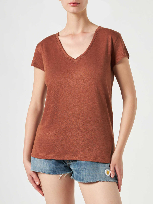 T-shirt da donna in lino marrone