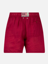 Solid bordeaux mid-length linen swim shorts