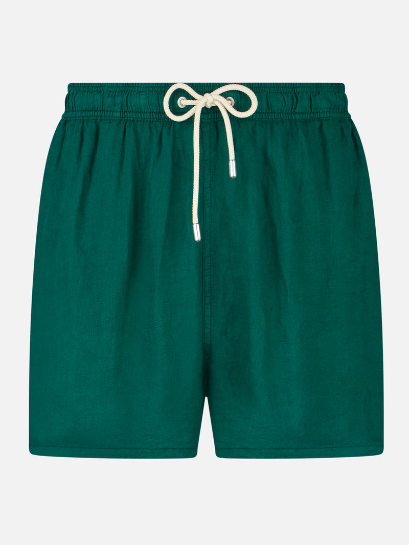 Solid green mid-length linen swim shorts