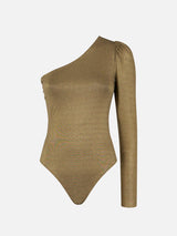 Gestrickter One-Shoulder-Badeanzug/Bodywear in glitzerndem Gold