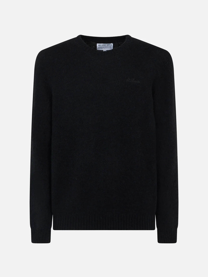 Man black stretch wool sweater with St. Barth embroidery